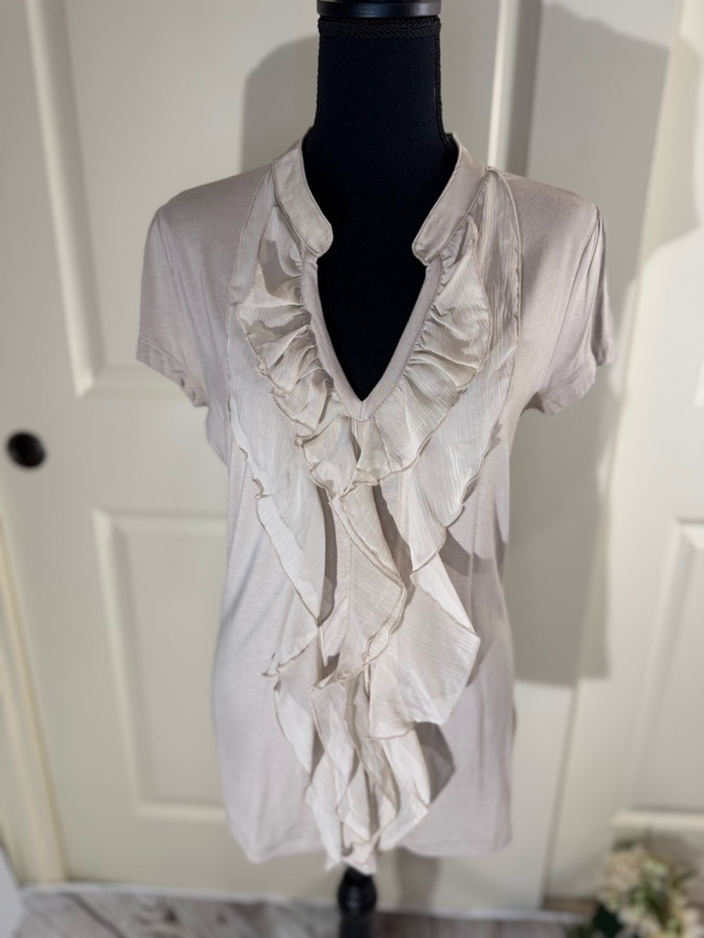 NWOT Kische Beige Ruffle V-Neck Short Sleeve Top Large